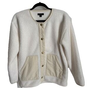 J Crew Teddy Sherpa Jacket Womens Medium‎ Ivory Beige Snap Button Preppy Pockets
